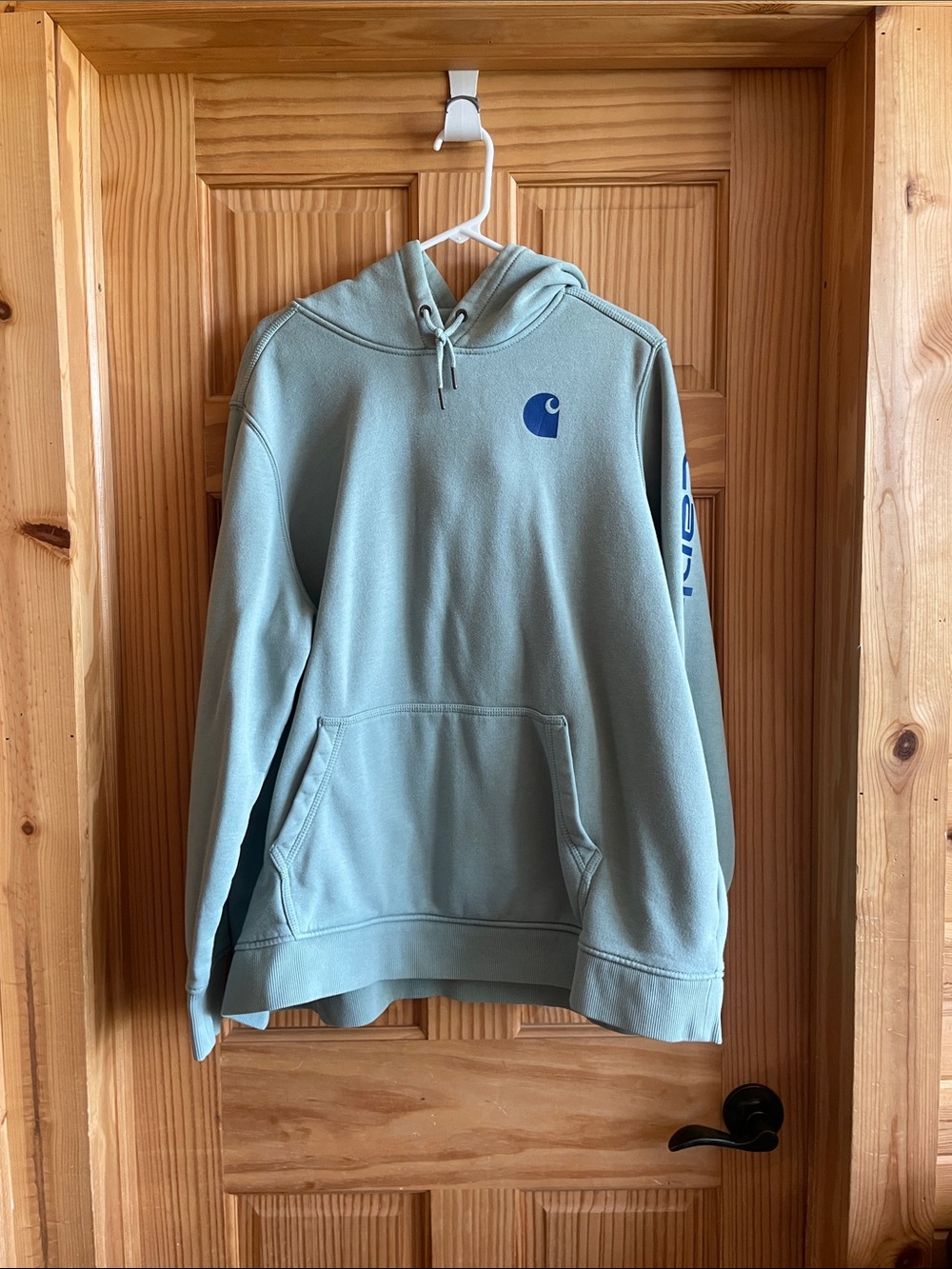 Carhartt Seafoam Green Pullover Hoodie with Blue Logo